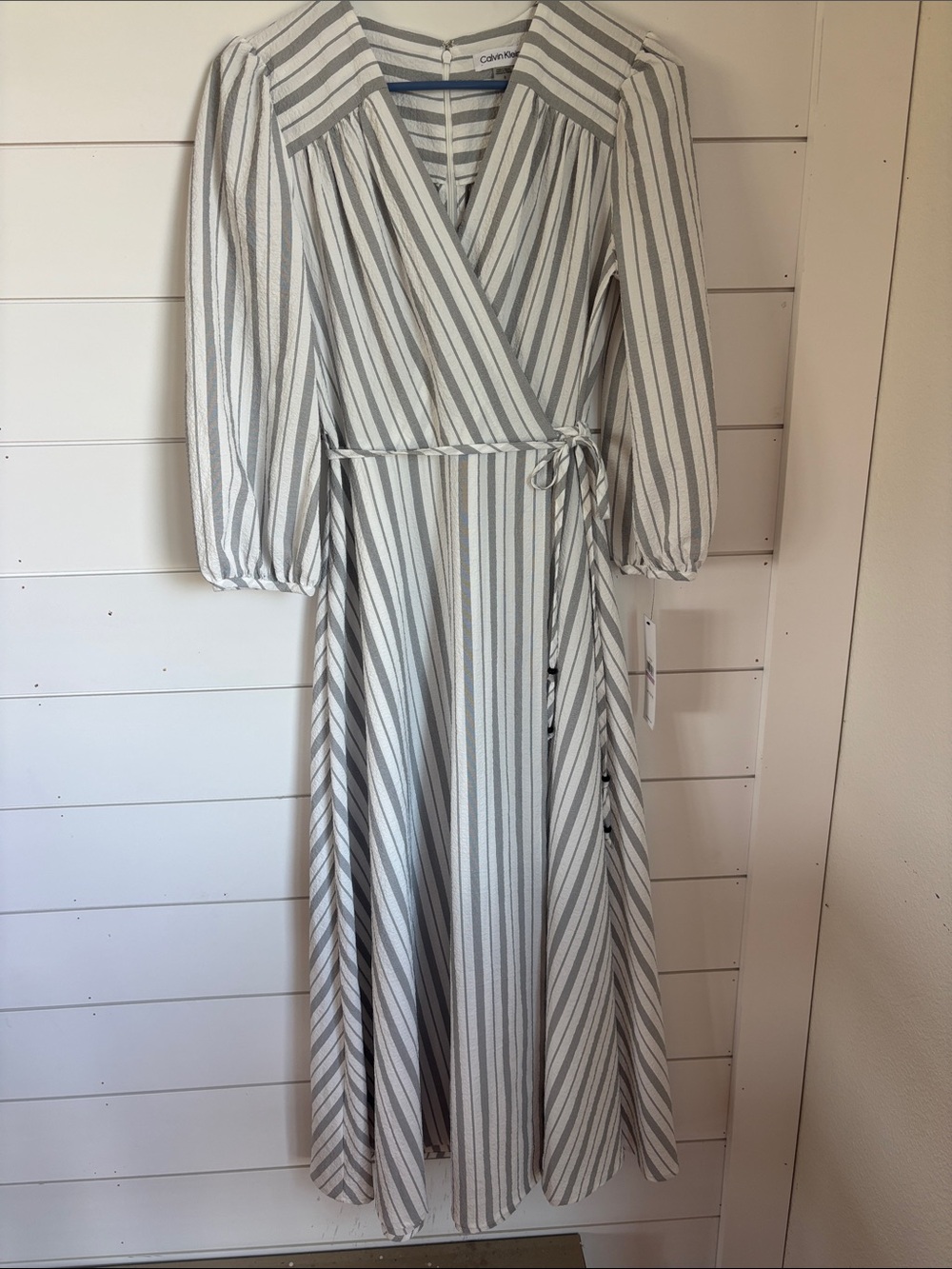 Calvin Klein Cream and Gray Striped Maxi Wrap Dress